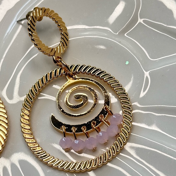 Lightweight Gold Spiral & Pink Bead Drop Earrings - Picture 3 of 4